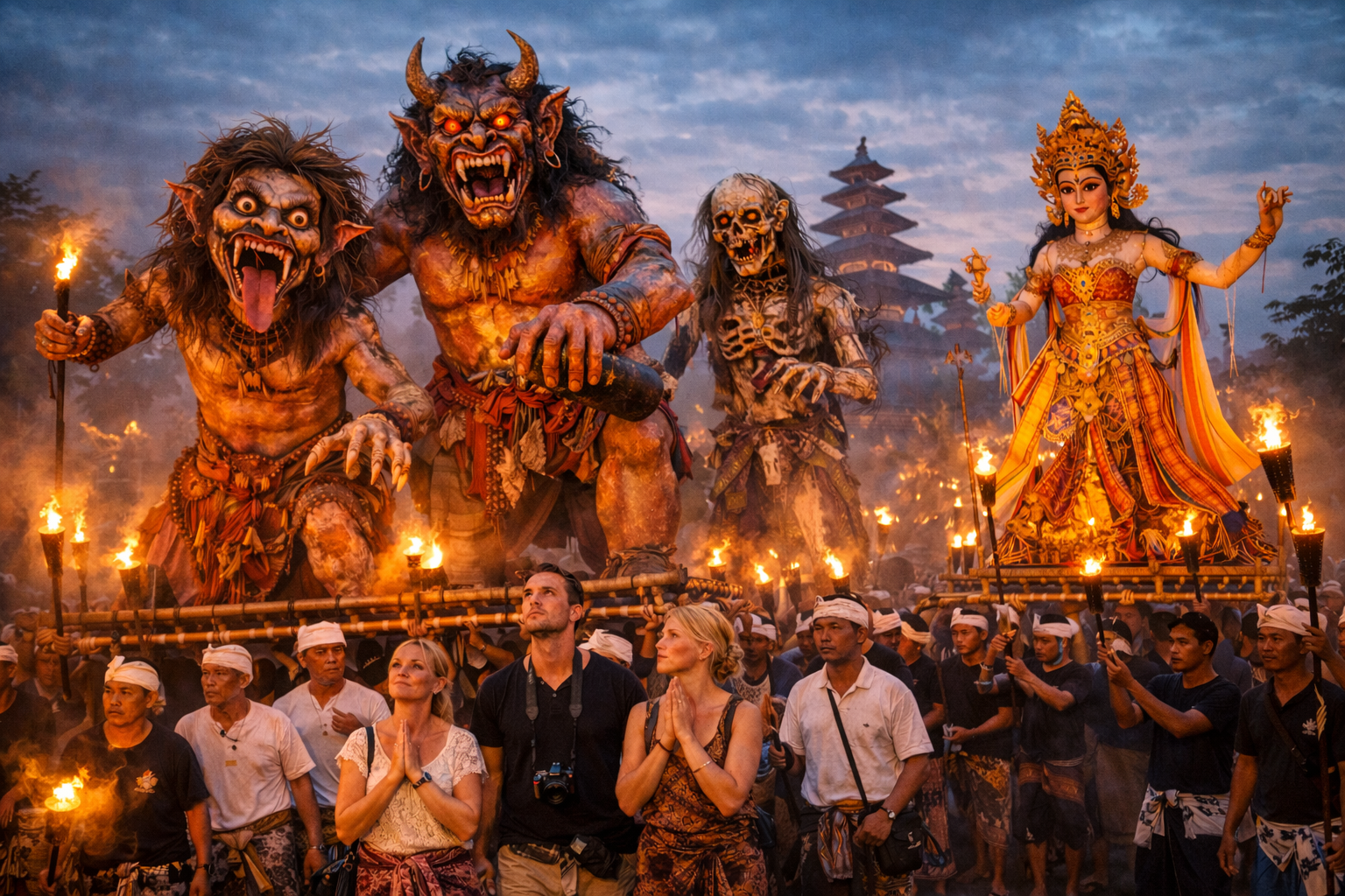 ogoh ogoh di bali Pawai Ogoh-Ogoh Bali menjelang Hari Raya Nyepi dengan patung raksasa berbentuk makhluk mitologi di jalan desa adat