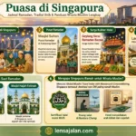 Banner infografis puasa di Singapura yang menampilkan suasana Ramadan modern tapi khusyuk, Masjid Sultan di Kampong Glam, Geylang Serai Ramadan Bazaar, hawker center halal seperti Lau Pa Sat, wisata religi ke Masjid Abdul Gaffoor dan Masjid Hajjah Fatimah, serta alasan mengapa Singapura ramah untuk wisata Muslim seperti sertifikasi halal MUIS, ruang salat di Bandara Changi, hotel dengan arah kiblat dan sajadah, serta MRT yang tepat waktu.