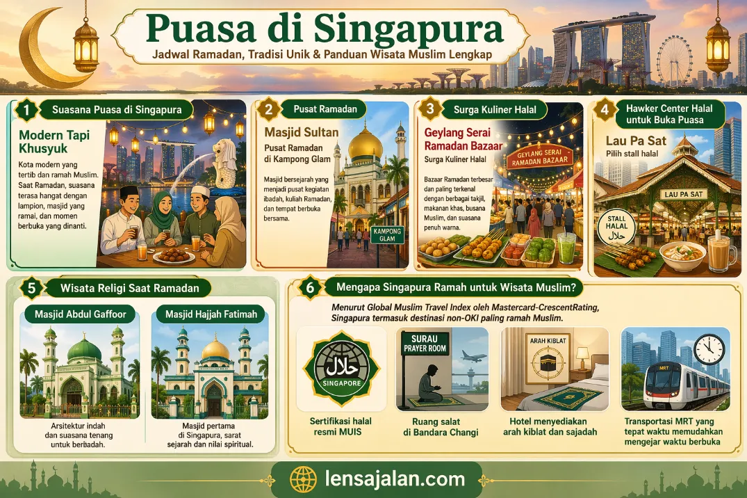 Banner infografis puasa di Singapura yang menampilkan suasana Ramadan modern tapi khusyuk, Masjid Sultan di Kampong Glam, Geylang Serai Ramadan Bazaar, hawker center halal seperti Lau Pa Sat, wisata religi ke Masjid Abdul Gaffoor dan Masjid Hajjah Fatimah, serta alasan mengapa Singapura ramah untuk wisata Muslim seperti sertifikasi halal MUIS, ruang salat di Bandara Changi, hotel dengan arah kiblat dan sajadah, serta MRT yang tepat waktu.