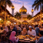 Suasana buka puasa di Kampong Glam Singapura dengan latar Masjid Sultan saat Ramadan 2026 dan umat Muslim berkumpul menjelang Maghrib