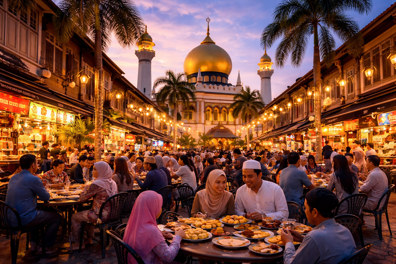 puasa ramadhan di singapura Suasana buka puasa di Kampong Glam Singapura dengan latar Masjid Sultan saat Ramadan 2026 dan umat Muslim berkumpul menjelang Maghrib