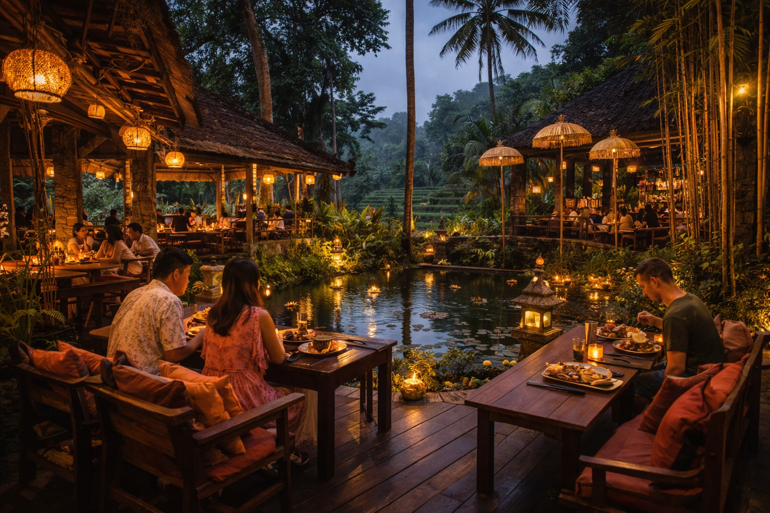 rekomendasi-tempat-makan-enak-di-ubud Restoran outdoor di Ubud Bali dengan meja kayu di tepi kolam, lampu gantung tradisional, dan latar sawah hijau saat malam hari.