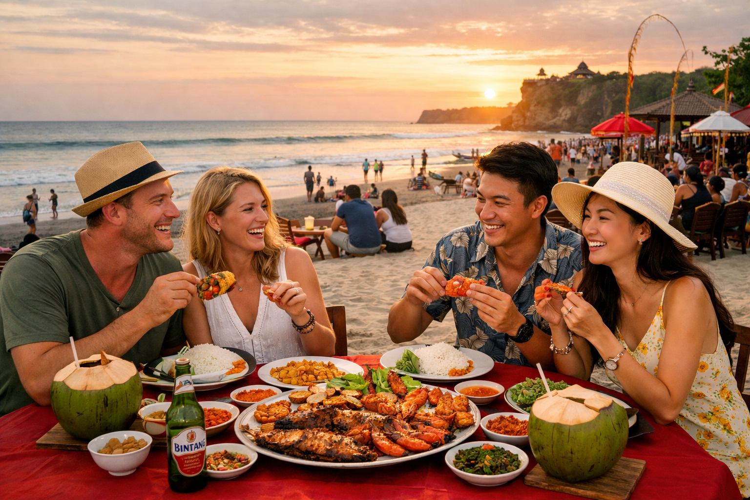 rekomendasi-tempat-makan-seafood-di-bali Wisatawan menikmati hidangan seafood bakar di restoran tepi pantai Bali saat matahari terbenam. Title: