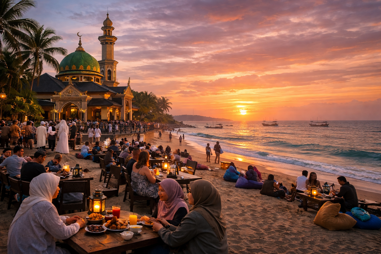 Suasana buka puasa di Bali dengan masjid di tepi pantai saat sunset, warga lokal dan turis menikmati iftar bersama.
