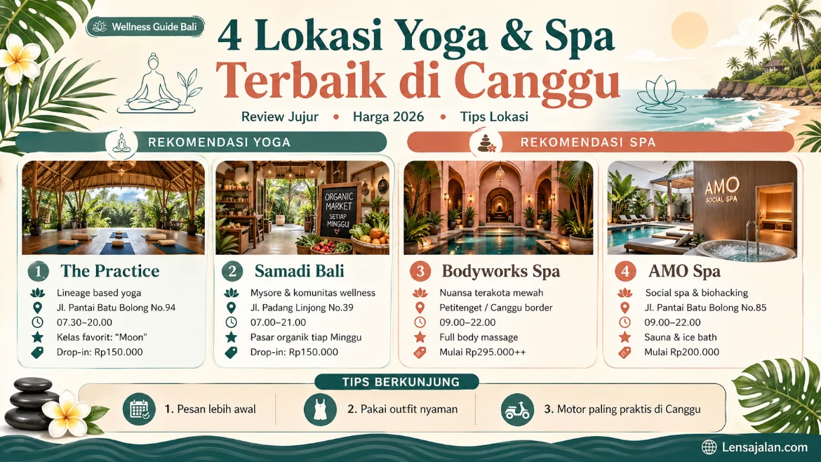 Infografis 4 lokasi yoga dan spa terbaik di Canggu yang menampilkan The Practice, Samadi Bali, Bodyworks Spa, dan AMO Spa lengkap dengan harga, jam operasional, dan tips berkunjung.