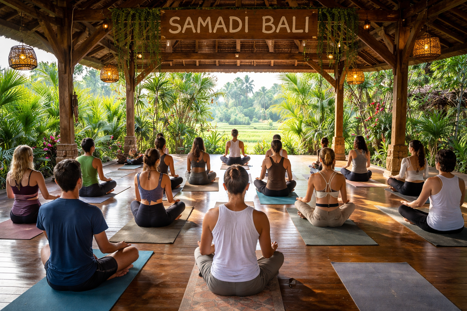 tempat-yoga-spa-di-bali Kelompok orang sedang mengikuti sesi yoga bersama dengan latar pavilion kayu terbuka dan pemandangan tropis hijau.