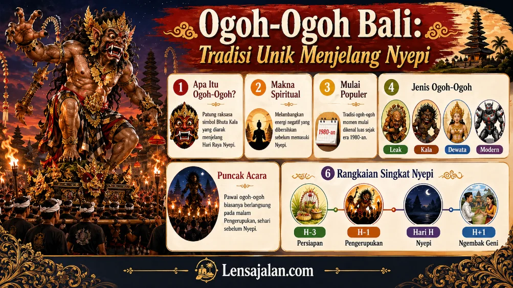 Infografis Ogoh-Ogoh Bali yang menampilkan patung ogoh-ogoh, penjelasan makna spiritual, jenis ogoh-ogoh, puncak acara Pengerupukan, dan rangkaian singkat Nyepi.