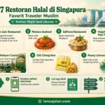 Banner infografis 7 restoran halal di Singapura favorit traveler Muslim, menampilkan rekomendasi tempat makan seperti Zam Zam Restaurant, Mutiara Seafood, Saffrons Restaurant, Hajjah Mona Nasi Padang, The Malayan Council, Old Chang Kee, dan Penny University, lengkap dengan tips mencari restoran halal di Singapura.