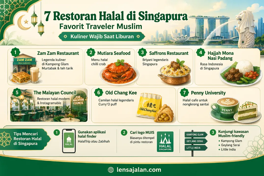 Banner infografis 7 restoran halal di Singapura favorit traveler Muslim, menampilkan rekomendasi tempat makan seperti Zam Zam Restaurant, Mutiara Seafood, Saffrons Restaurant, Hajjah Mona Nasi Padang, The Malayan Council, Old Chang Kee, dan Penny University, lengkap dengan tips mencari restoran halal di Singapura.