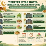 Infografis 7 buffet iftar hotel terbaik di Johor Bahru 2026 lengkap dengan nama hotel, tema buffet Ramadan, dan tips memilih tempat berbuka.