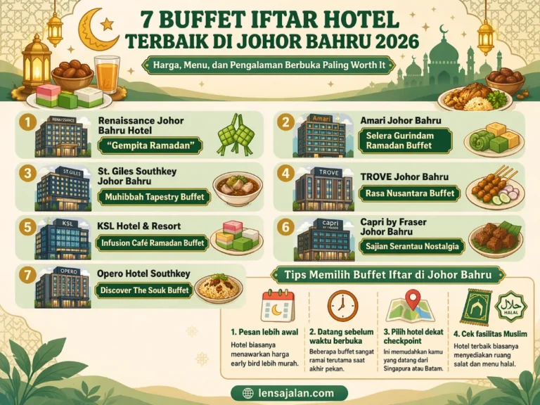Infografis 7 buffet iftar hotel terbaik di Johor Bahru 2026 lengkap dengan nama hotel, tema buffet Ramadan, dan tips memilih tempat berbuka.