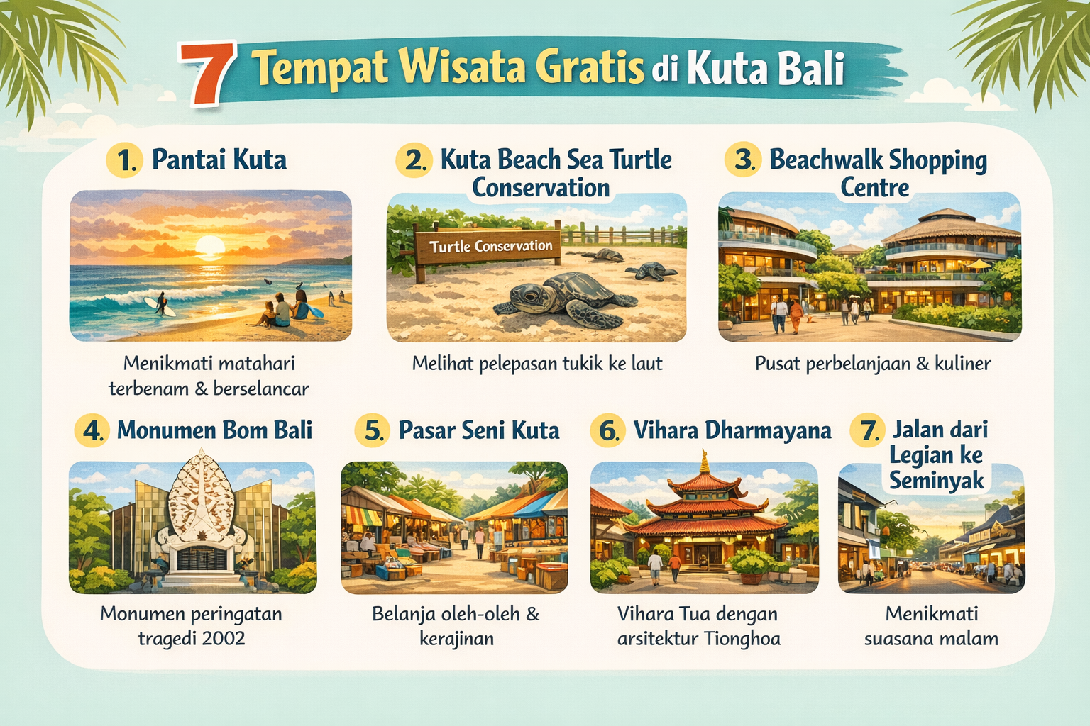 7-tempat-wisata-gratis-di-kuta-bali Infografis “7 Tempat Wisata Gratis di Kuta Bali” yang menampilkan Pantai Kuta, Kuta Beach Sea Turtle Conservation, Beachwalk Shopping Centre, Monumen Bom Bali, Pasar Seni Kuta, Vihara Dharmayana, dan jalan dari Legian ke Seminyak.