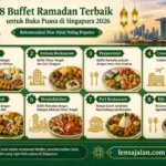 Banner infografis 8 buffet Ramadan terbaik di Singapura 2026 untuk buka puasa, menampilkan rekomendasi tempat iftar halal populer seperti Carousel, Atrium Restaurant, Peppermint, Crowne Plaza Changi Airport, 21 on Rajah, StraitsKitchen, Pu3 Restaurant, dan Hjh Maimunah.