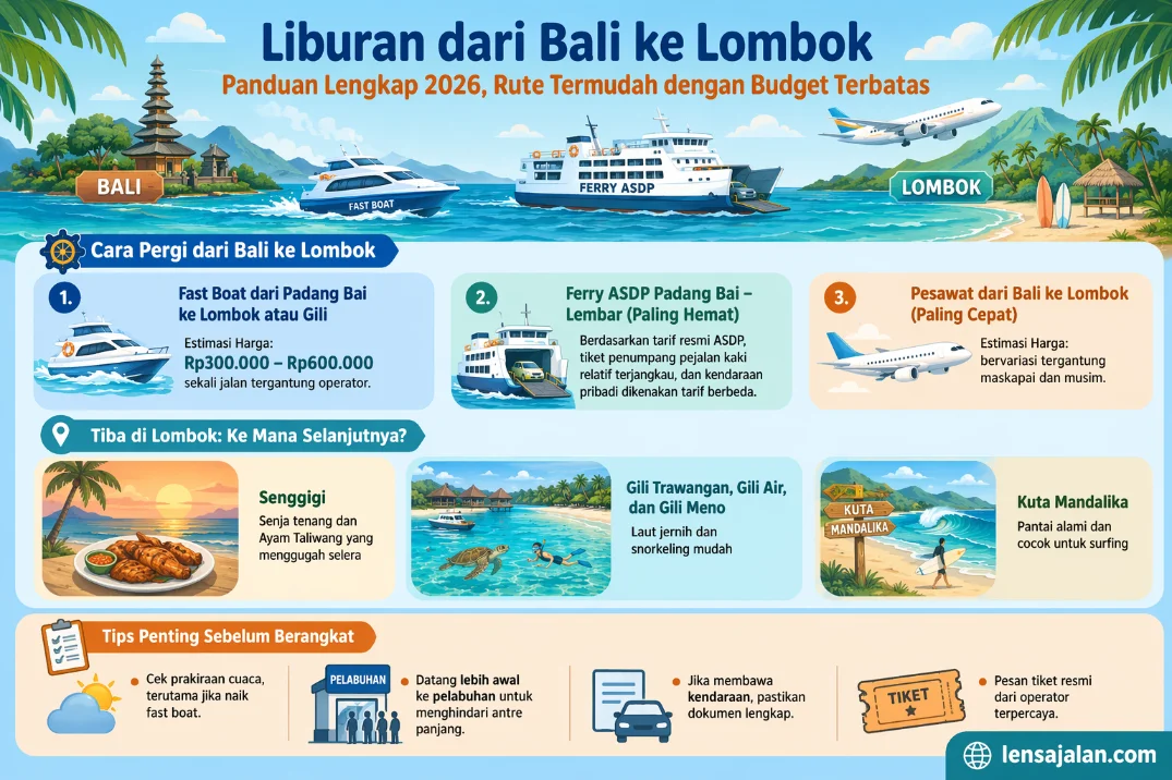 Banner infografis panduan liburan dari Bali ke Lombok 2026 dengan pilihan transportasi fast boat, ferry ASDP, dan pesawat, lengkap dengan estimasi harga, destinasi di Lombok, dan tips penting sebelum berangkat.