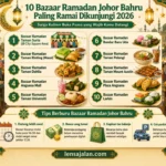 Infografis 10 bazaar Ramadan Johor Bahru paling ramai dikunjungi 2026 lengkap dengan daftar lokasi dan tips berburu kuliner buka puasa.