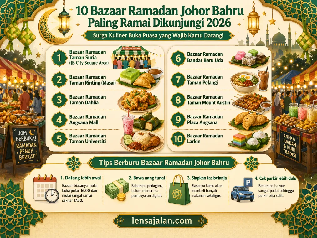 Infografis 10 bazaar Ramadan Johor Bahru paling ramai dikunjungi 2026 lengkap dengan daftar lokasi dan tips berburu kuliner buka puasa.