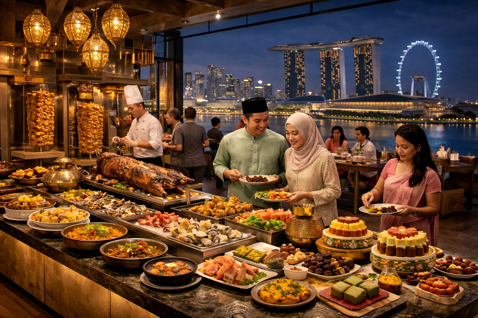 buffet di singapura Buffet Ramadan halal di restoran Singapura dengan berbagai hidangan Timur Tengah, seafood, dan dessert untuk buka puasa