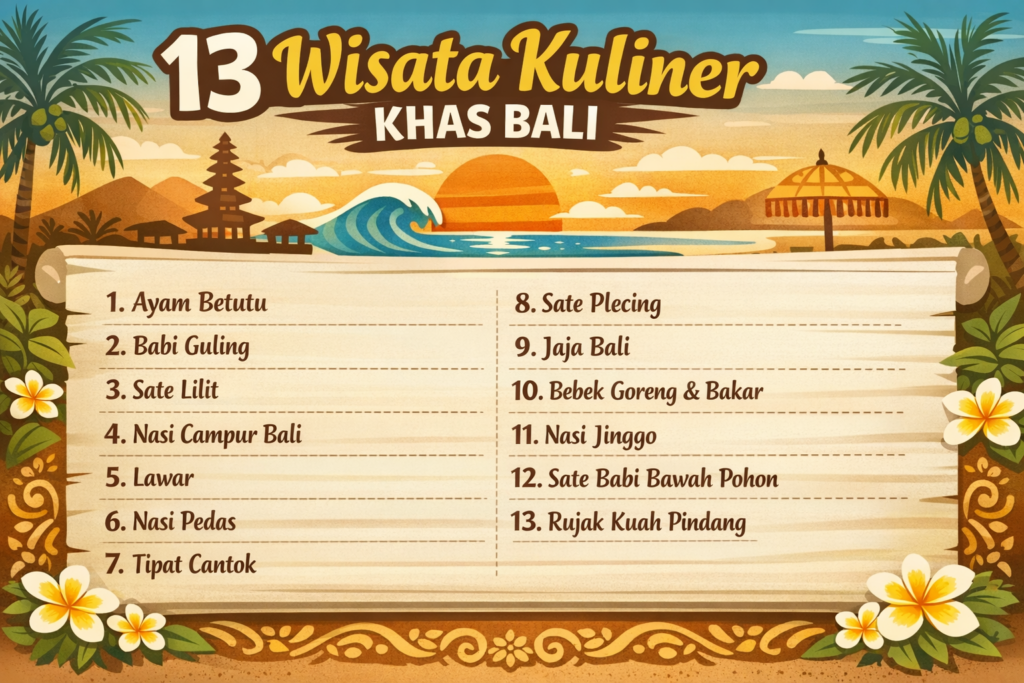 Infografis 13 wisata kuliner khas Bali seperti ayam betutu, babi guling, sate lilit, nasi campur Bali, hingga rujak kuah pindang dalam format landscape sederhana.