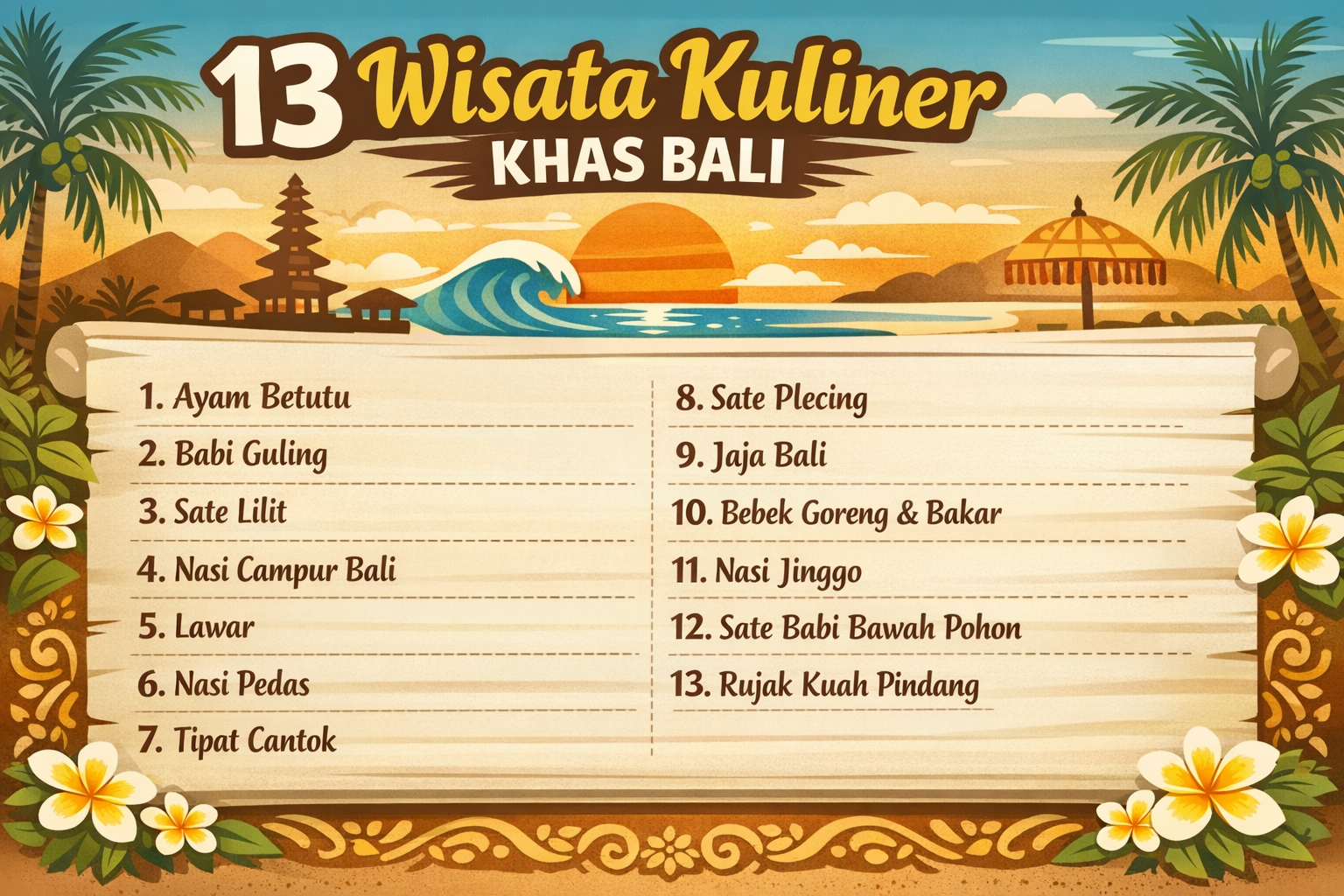 daftar-kuliner-khas-bali Infografis 13 wisata kuliner khas Bali seperti ayam betutu, babi guling, sate lilit, nasi campur Bali, hingga rujak kuah pindang dalam format landscape sederhana.