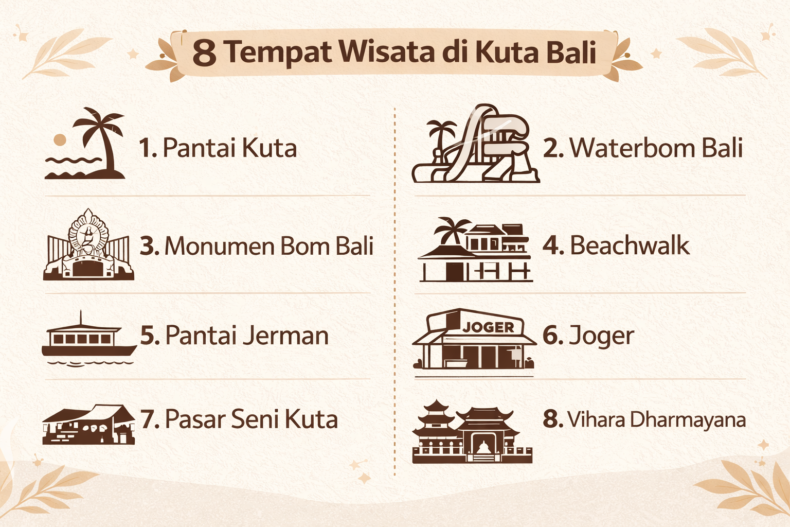 daftar-wisata-di-kuta-bali Infografis 8 tempat wisata di Kuta Bali yang menampilkan Pantai Kuta, Waterbom Bali, Monumen Bom Bali, Beachwalk, Pantai Jerman, Joger, Pasar Seni Kuta, dan Vihara Dharmayana.