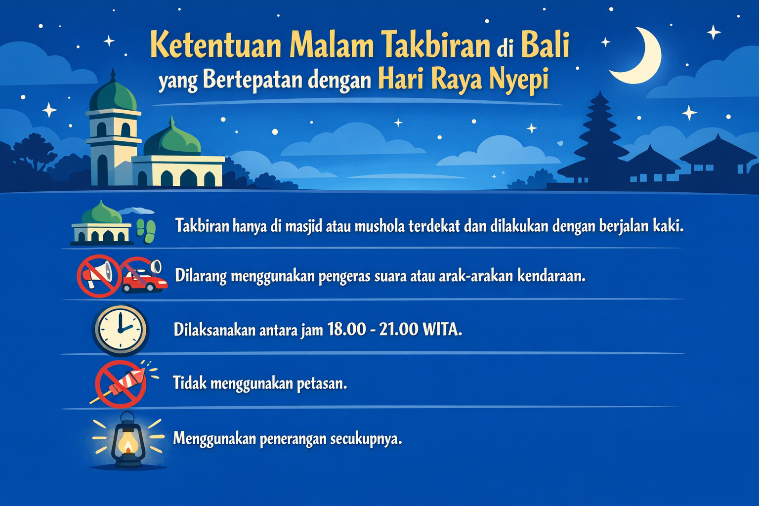 image Infografis berjudul "Ketentuan Malam Takbiran di Bali yang Bertepatan dengan Hari Raya Nyepi" berisi lima aturan: takbiran di masjid atau mushola terdekat dengan berjalan kaki, larangan pengeras suara dan arak-arakan kendaraan, waktu pelaksanaan 18.00–21.00 WITA, tidak menggunakan petasan, dan menggunakan penerangan secukupnya.
