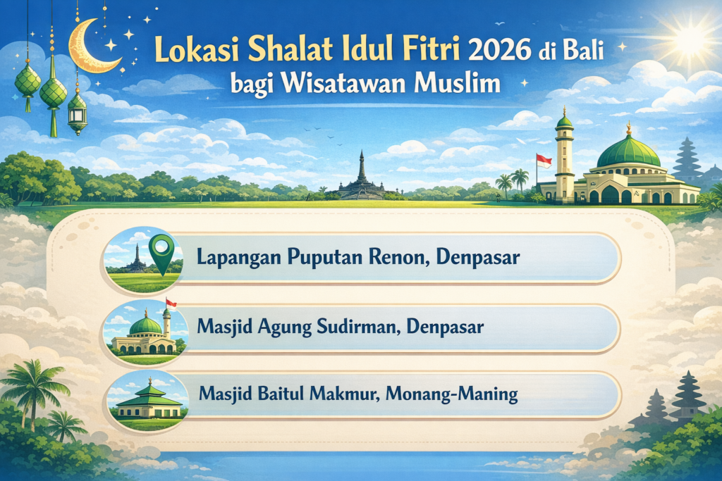 infografis yang berisi lokasi shalat ied di Bali bagi wsiaatwan muslim yang mau lebaran dn liburan di bali