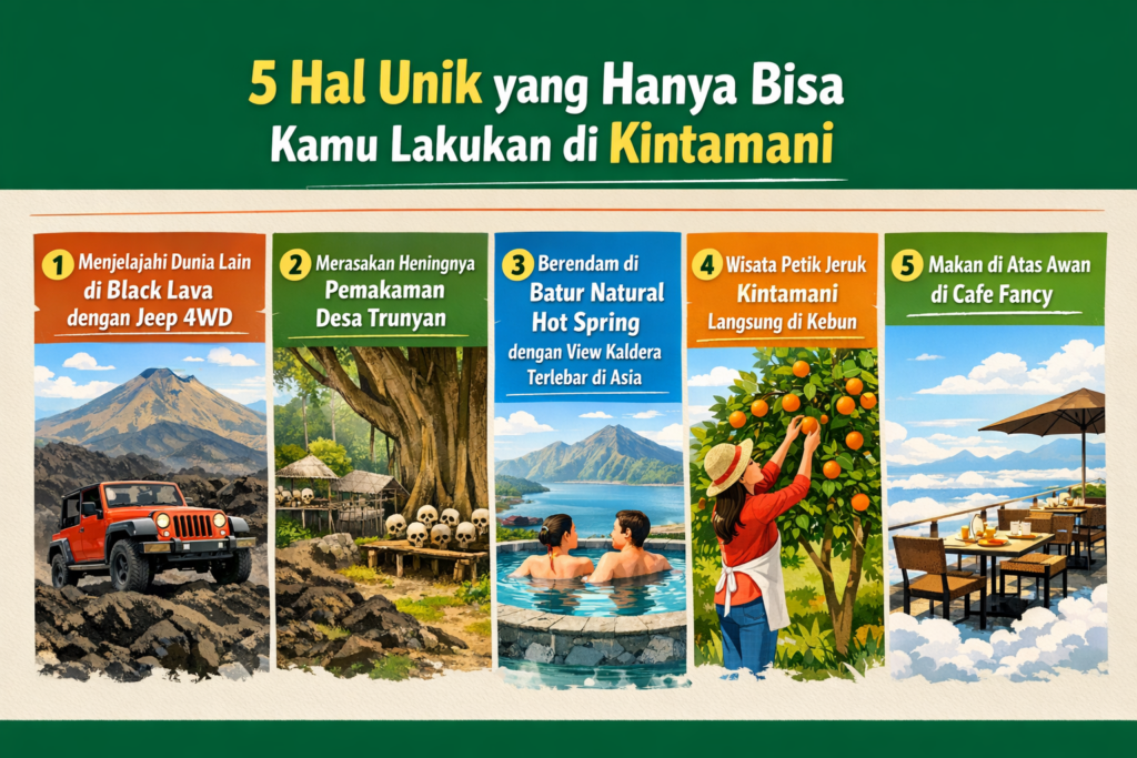 Infografis aktivitas unik di Kintamani Infografis 5 hal unik yang bisa dilakukan di Kintamani Bali seperti black lava jeep, Desa Trunyan, hot spring Batur, petik jeruk, dan cafe di atas awan