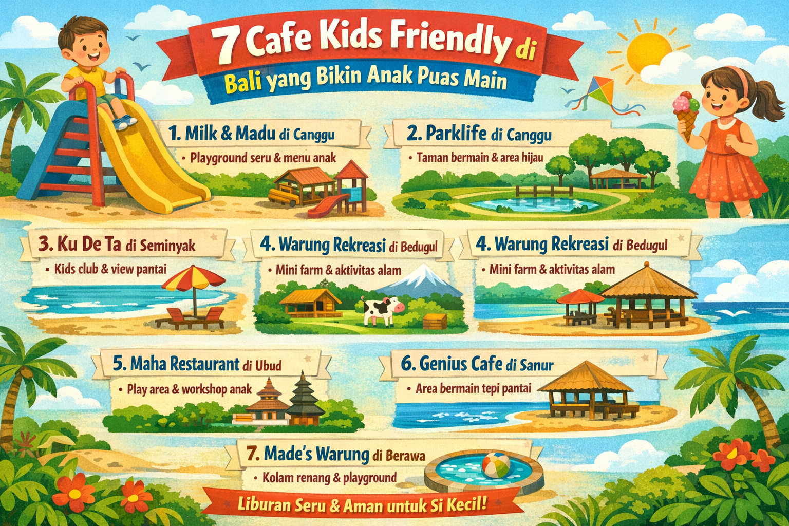 Infografis 7 cafe kids friendly di Bali seperti Milk & Madu Canggu, Parklife Canggu, Ku De Ta Seminyak, Warung Rekreasi Bedugul, Maha Restaurant Ubud, Genius Cafe Sanur, dan Madeās Warung Berawa dengan fasilitas playground dan area bermain anak
