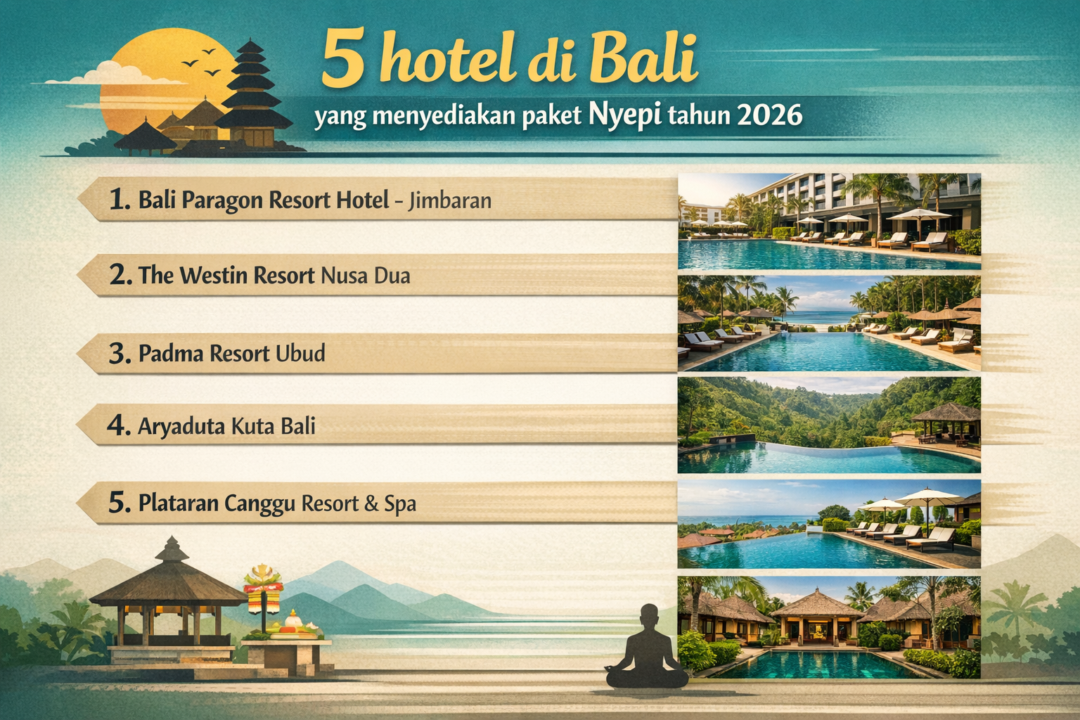 infografis-hotel-di-bali-paket-nyepi Infografis landscape minimalis berjudul "5 hotel di Bali yang menyediakan paket Nyepi tahun 2026" dengan daftar hotel: Bali Paragon Resort Hotel Jimbaran, The Westin Resort Nusa Dua, Padma Resort Ubud, Aryaduta Kuta Bali, dan Plataran Canggu Resort & Spa.