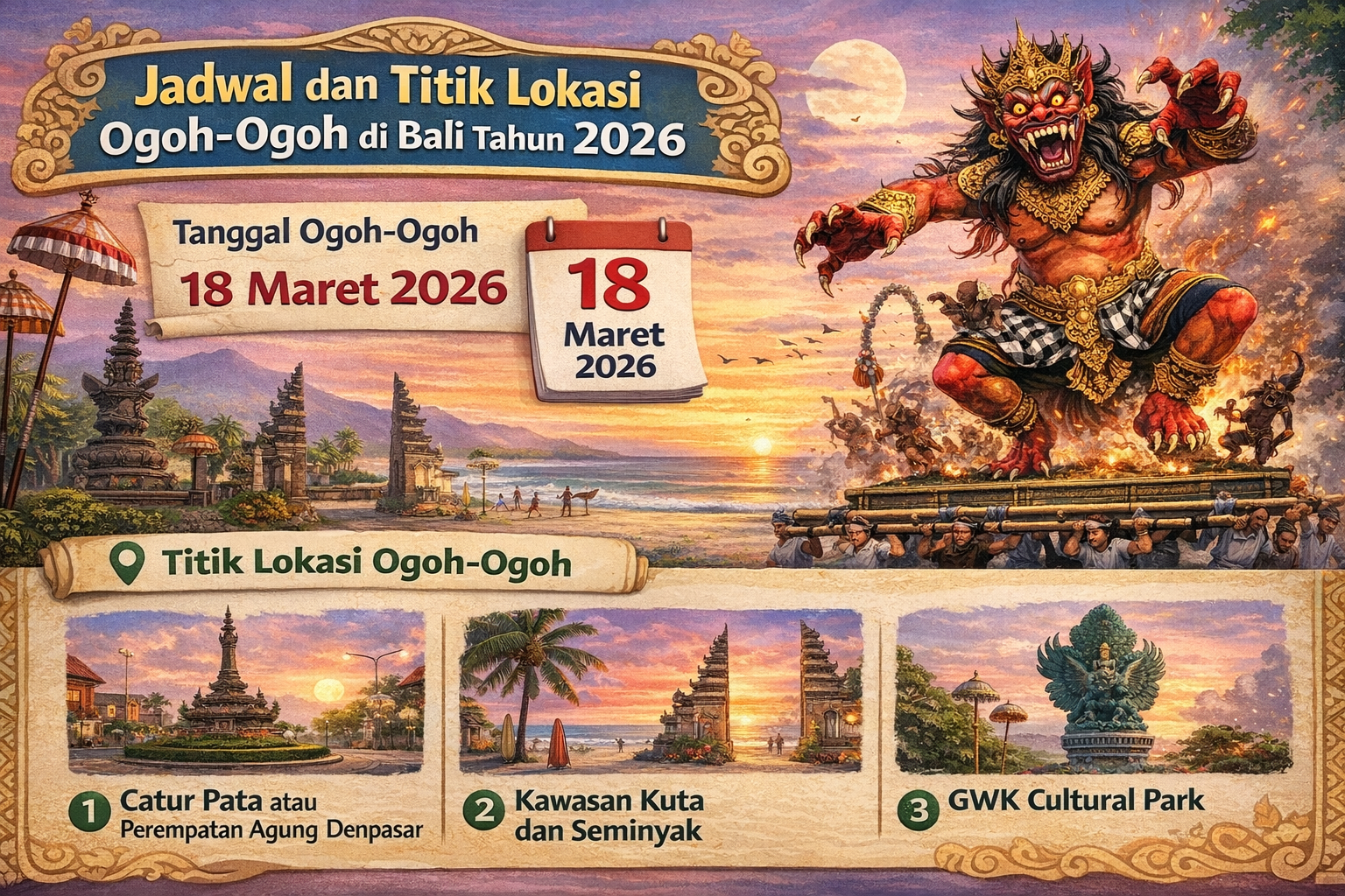 Infografis jadwal dan titik lokasi ogoh-ogoh Bali 2026 pada 18 Maret dengan lokasi Catur Pata Denpasar, Kuta Seminyak, dan GWK Cultural Park.
