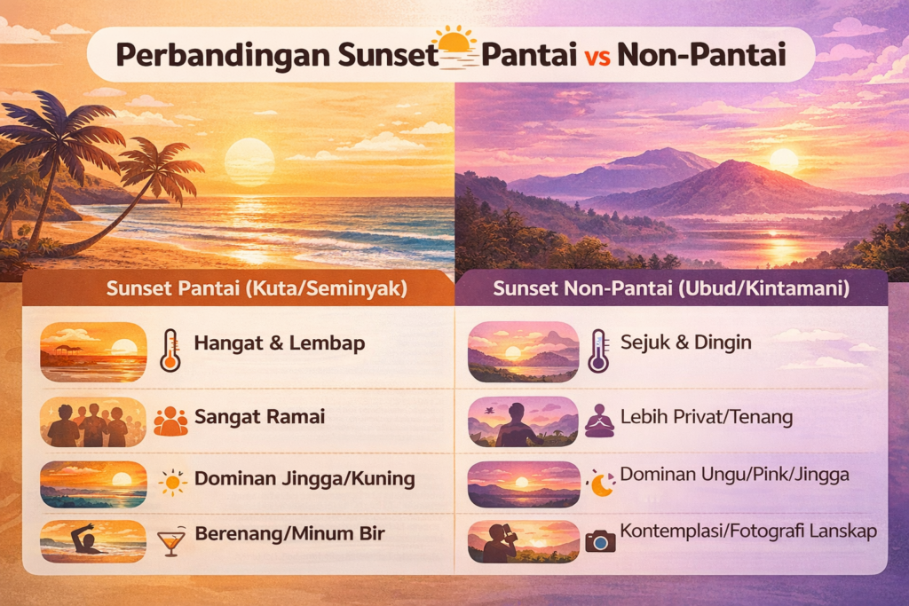 Tabel perbandingan tempat melihat sunset di Bali antara area pantai dan pegunungan untuk panduan wisatawan.