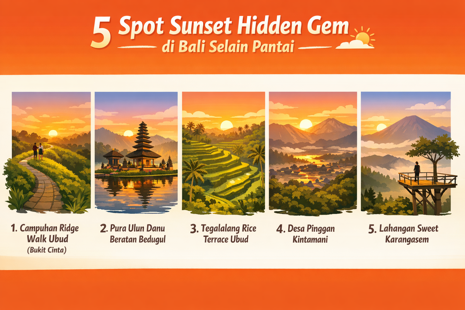 infografis-sunset-hidden-gem-di-bali-selain-pantai Infografis landscape berjudul "5 Spot Sunset Hidden Gem di Bali Selain Pantai" yang menampilkan Campuhan Ridge Walk Ubud, Pura Ulun Danu Beratan Bedugul, Tegalalang Rice Terrace Ubud, Desa Pinggan Kintamani, dan Lahangan Sweet Karangasem dengan ilustrasi pemandangan sunset.