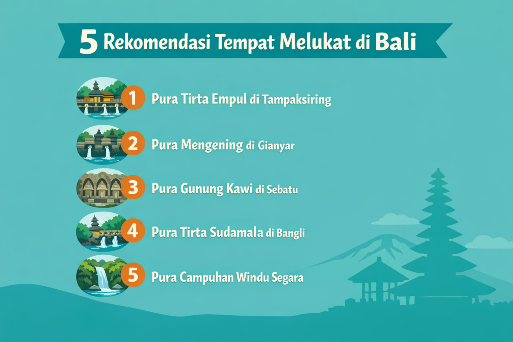 Infografis 5 rekomendasi tempat melukat di Bali seperti Pura Tirta Empul, Pura Mengening, Gunung Kawi, Tirta Sudamala, dan Campuhan Windu Segara