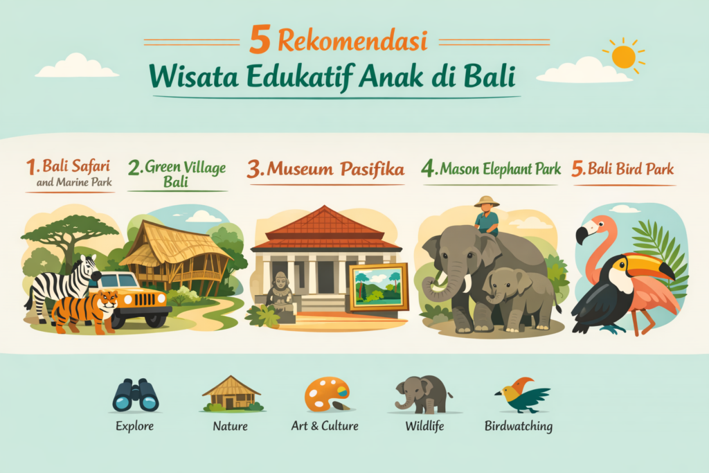 Infografis minimalis berjudul "5 rekomendasi wisata edukatif anak di Bali" yang menampilkan Bali Safari and Marine Park, Green Village Bali, Museum Pasifika, Mason Elephant Park, dan Bali Bird Park.
