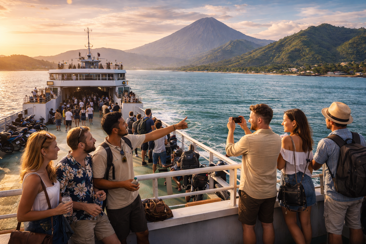 liburan dari bali ke lombok Wisatawan asing dan guide lokal di atas ferry dari Bali ke Lombok dengan latar Gunung Rinjani dan laut biru.