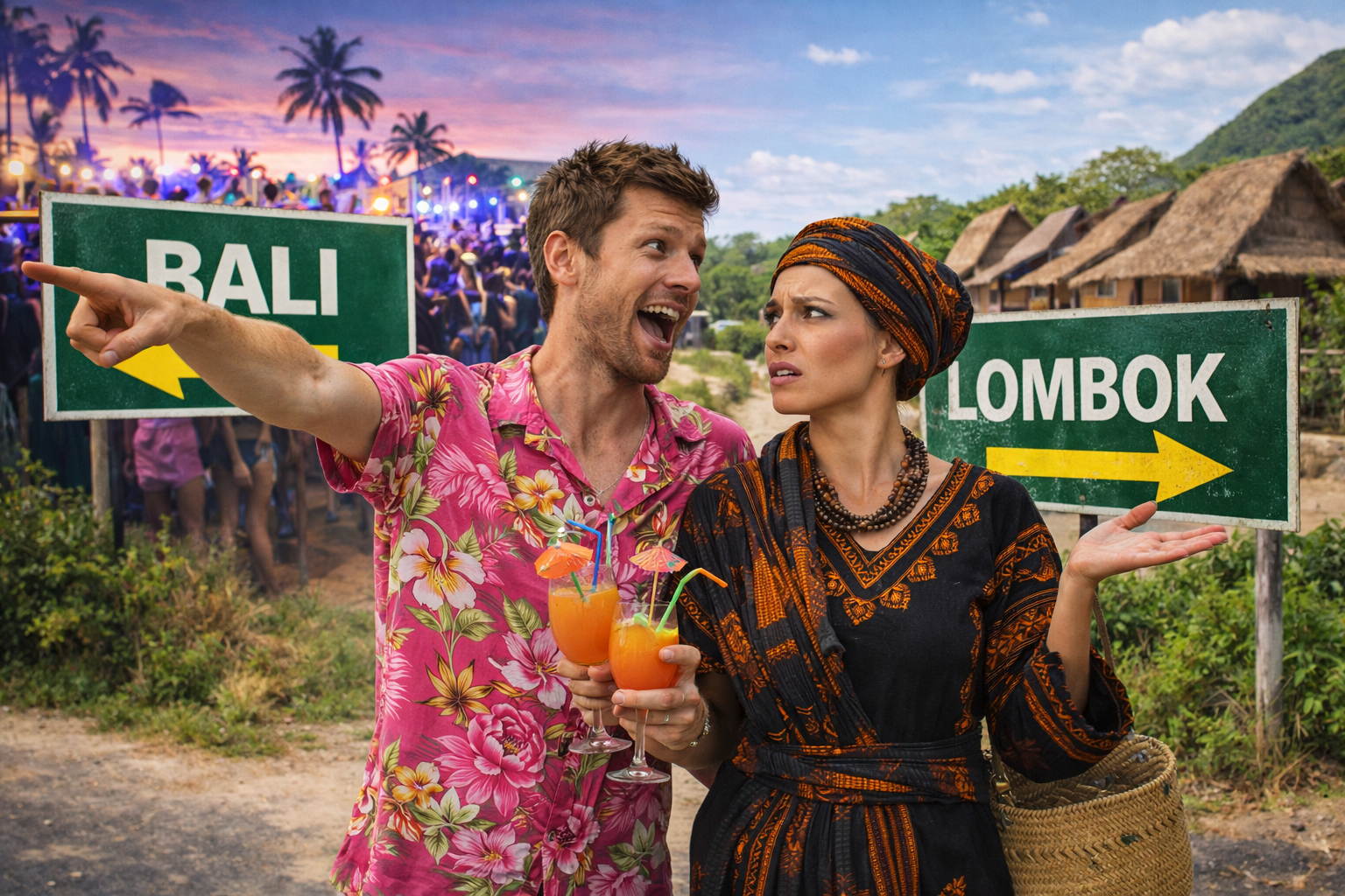 liburan ke bali atau lombok pasangan turis memilih antara bali dan lombok dengan latar beach club bali dan desa sasak lombok