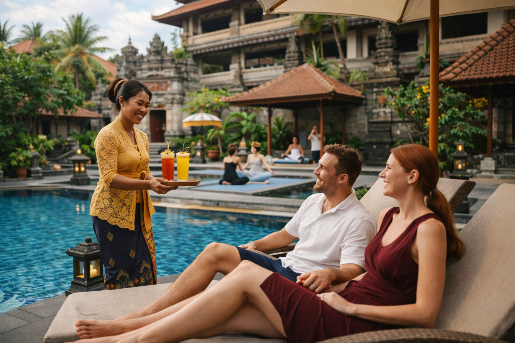 Wisatawan bersantai di hotel Bali dengan paket Nyepi, menikmati minuman di tepi kolam sementara tamu lain mengikuti aktivitas yoga di area resort bernuansa arsitektur Bali.