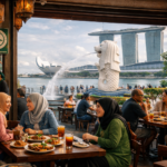 restoran halal di singapura dengan patung merlion dan pengunjung muslim