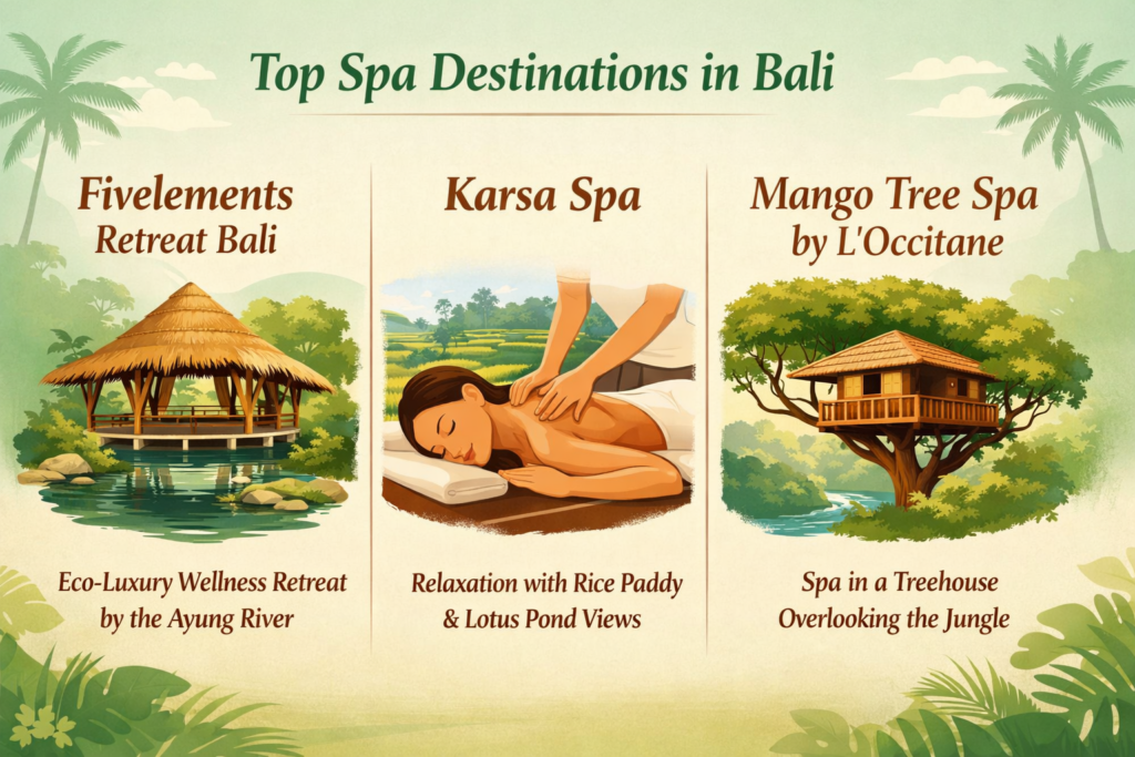 Infografis spa terbaik di Bali: Fivelements Retreat Bali, Karsa Spa, dan Mango Tree Spa by L'Occitane
