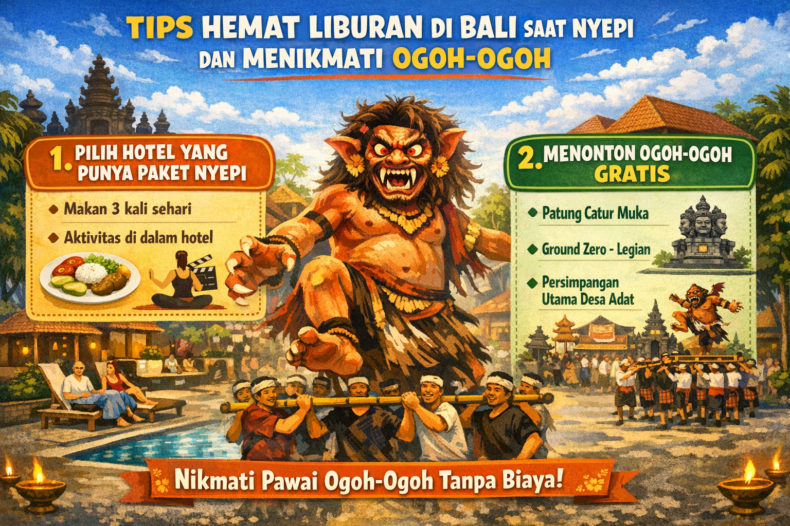 tips-hemat-liburan-ke-bali-saat-nyepi Infografis tips hemat liburan di Bali saat Nyepi dengan saran memilih hotel paket Nyepi dan lokasi gratis menonton ogoh-ogoh seperti Patung Catur Muka dan Ground Zero.
