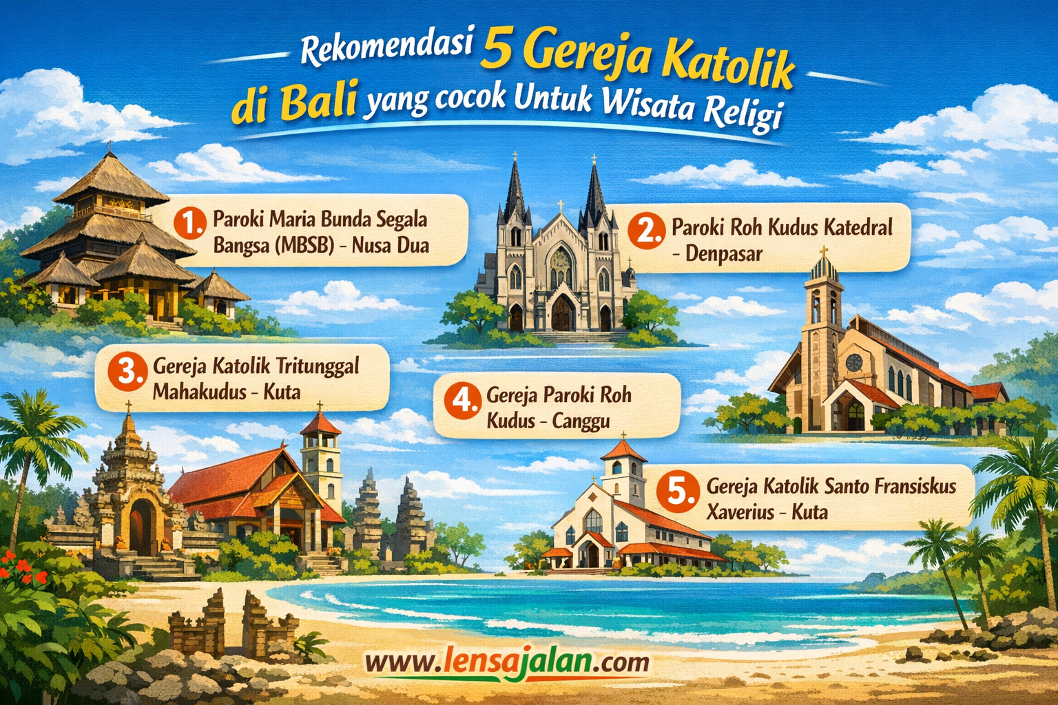 Infografis rekomendasi 5 gereja Katolik di Bali untuk wisata religi seperti MBSB Nusa Dua, Katedral Denpasar, Tritunggal Mahakudus Kuta, Roh Kudus Canggu, dan Santo Fransiskus Xaverius Kuta.