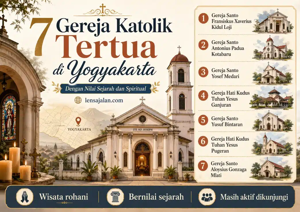 Infografis 7 gereja Katolik tertua di Yogyakarta dengan nilai sejarah dan spiritual, termasuk Kidul Loji, Kotabaru, Bintaran, Pugeran, Mlati, Medari, dan Ganjuran.