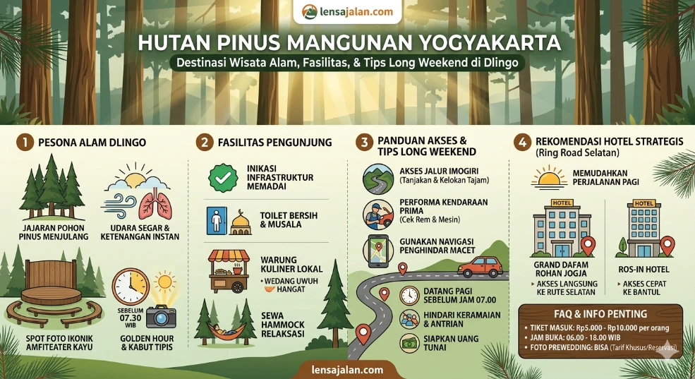 Infografis panduan rute dan tips long weekend di Hutan Pinus Mangunan Yogyakarta