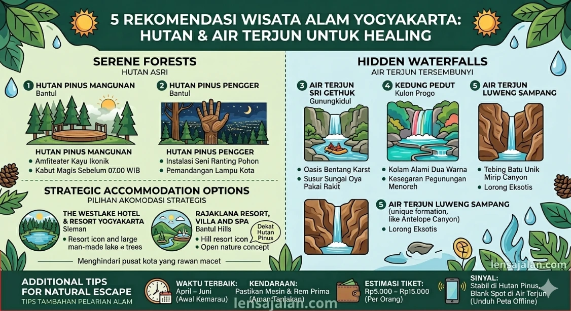 Infografis panduan wisata alam Yogyakarta untuk healing di hutan dan air terjun