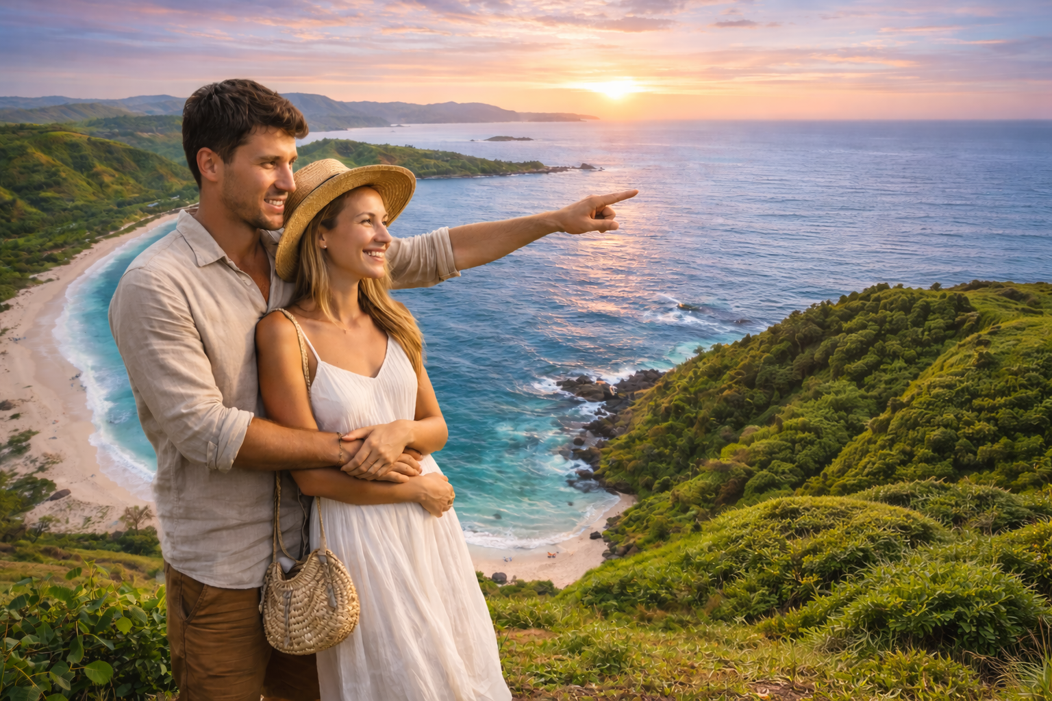 pasangan turis menikmati wisata lombok di bukit merese saat sunset dengan pemandangan pantai dan laut biru
