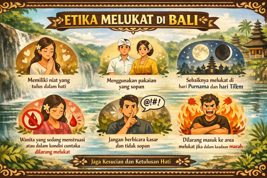 Infografis berjudul “Etika Melukat di Bali” dalam format landscape, menampilkan ilustrasi suasana alam Bali dengan air terjun dan pura di latar belakang. Di dalamnya terdapat enam poin etika melukat yang disertai ilustrasi: (1) memiliki niat yang tulus dalam hati, (2) menggunakan pakaian yang sopan, (3) sebaiknya melukat di hari Purnama dan Tilem, (4) wanita yang sedang menstruasi atau dalam kondisi cuntaka dilarang melukat, (5) tidak berbicara kasar atau tidak sopan, dan (6) tidak memasuki area melukat dalam keadaan marah. Di bagian bawah terdapat pesan penutup tentang menjaga kesucian dan ketulusan hati.