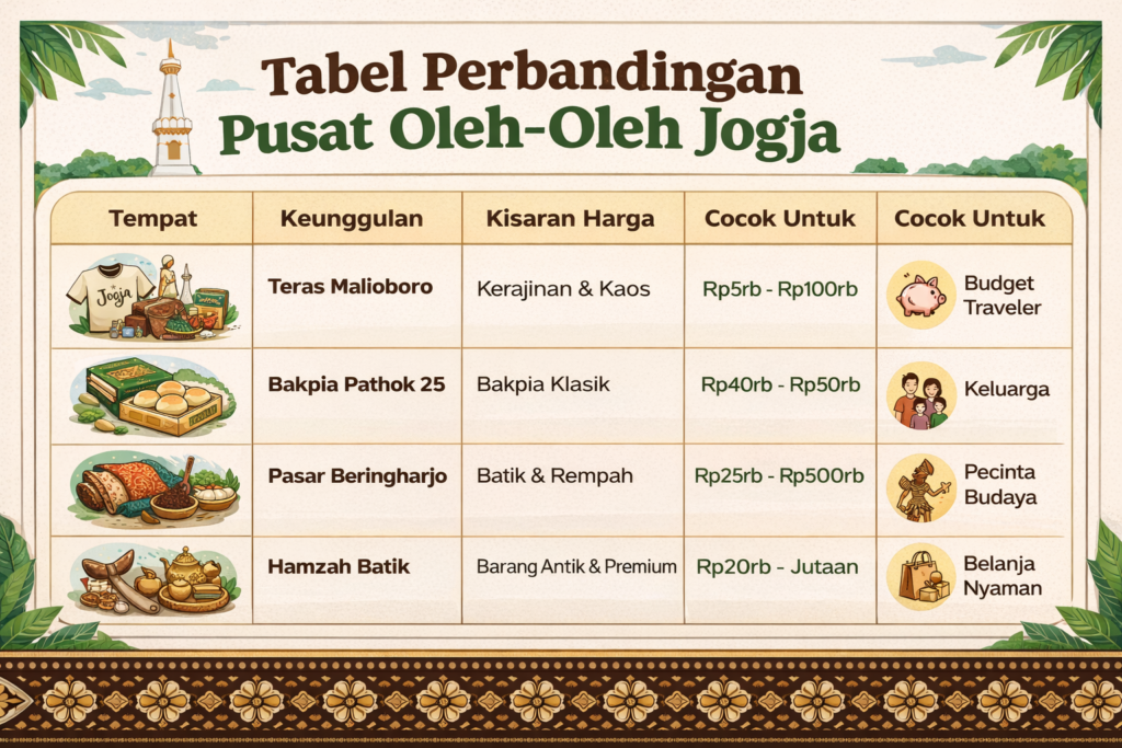 tabel perbandingan pusat oleh-oleh di jogja