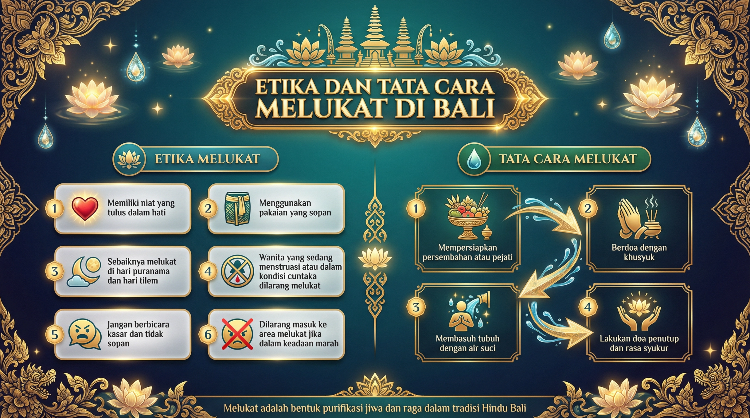 Infografis berdesain elegan khas Bali yang menjelaskan 6 etika melukat (seperti niat tulus, pakaian sopan, dan larangan bagi wanita menstruasi) serta 4 langkah tata cara melukat (mulai dari persiapan pejati hingga doa penutup) dengan latar belakang biru teal dan ornamen emas.