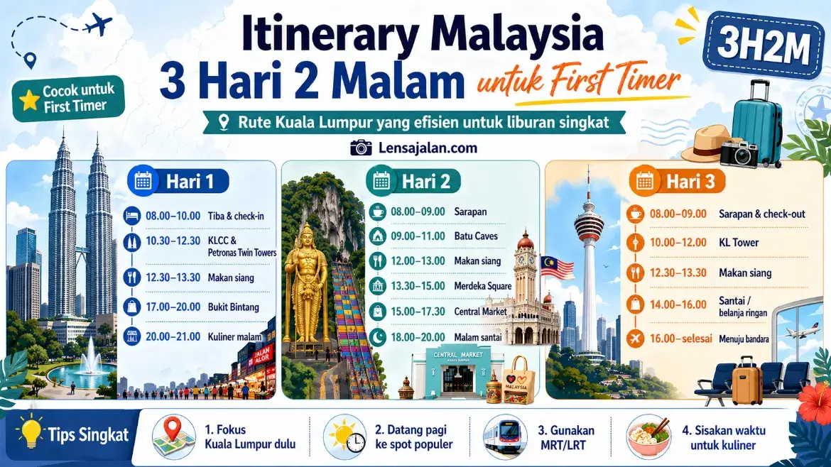 Infografis itinerary Malaysia 3 hari 2 malam untuk first timer yang menampilkan rute Kuala Lumpur meliputi Petronas Twin Towers, Bukit Bintang, Batu Caves, Merdeka Square, Central Market, dan KL Tower lengkap dengan pembagian hari dan detail jam.