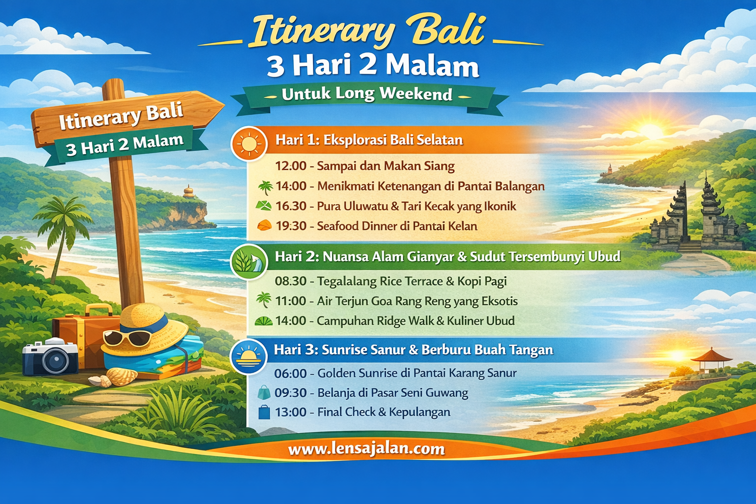 Itinerary Bali 3 Hari 2 Malam untuk long weekend dengan destinasi Bali Selatan, Ubud Gianyar, dan Sanur lengkap dengan jadwal perjalanan wisata